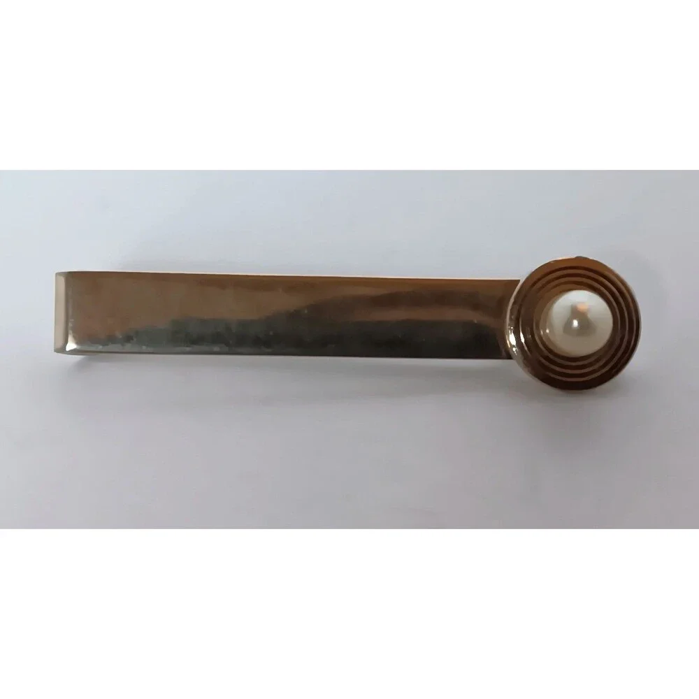 Vintage Swank Signed Goldtone Faux Pearl Tie Bar Clip Gator Clasp - Picture 2 of 4